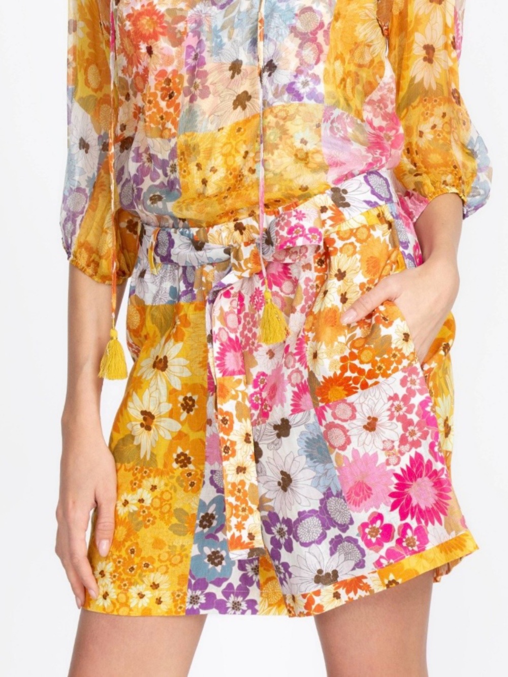 Johnny Was Linen Floral Belted Shorts